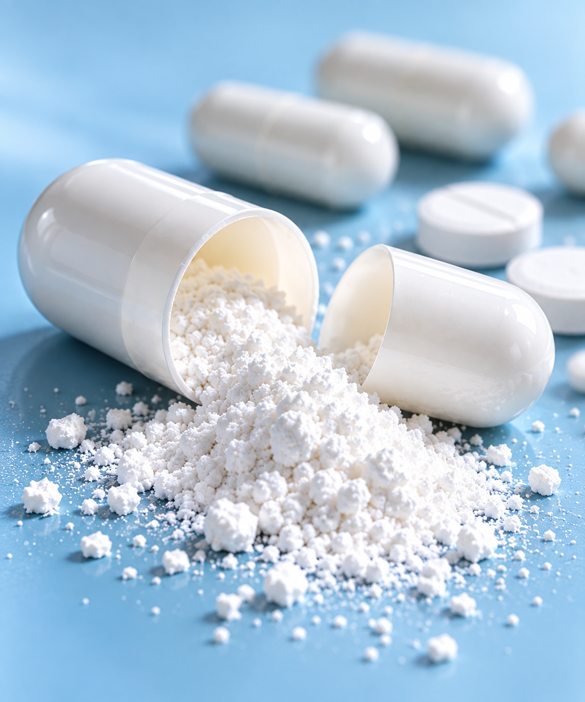 Sodium Starch Glycolate dạng bột trắng cùng viên nang